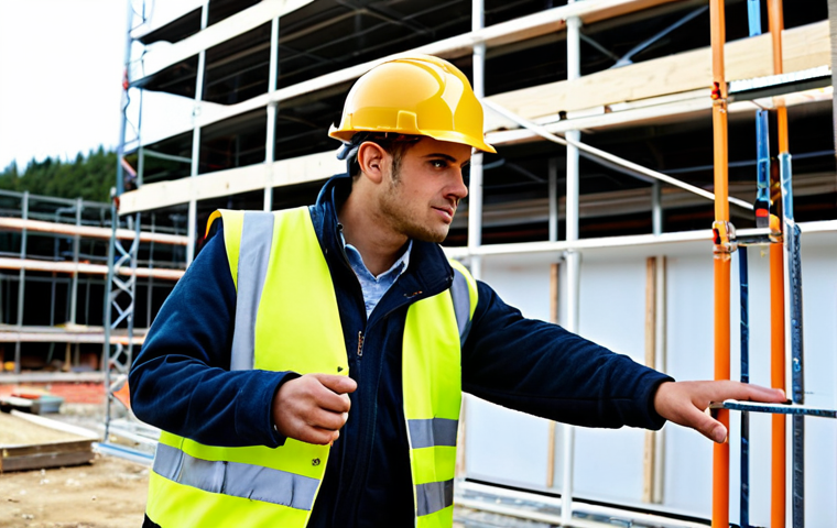 Safety Training Session**

"A young, fully clothed safety engineer in appropriate attire, leading a safety training session for construction workers on a building site in France. The workers are wearing hard hats and safety vests. Focus on demonstrating proper use of safety equipment. Background includes scaffolding and construction materials. Safe for work, appropriate content, modest, family-friendly, professional training environment, perfect anatomy, correct proportions, well-formed hands, natural pose."

**