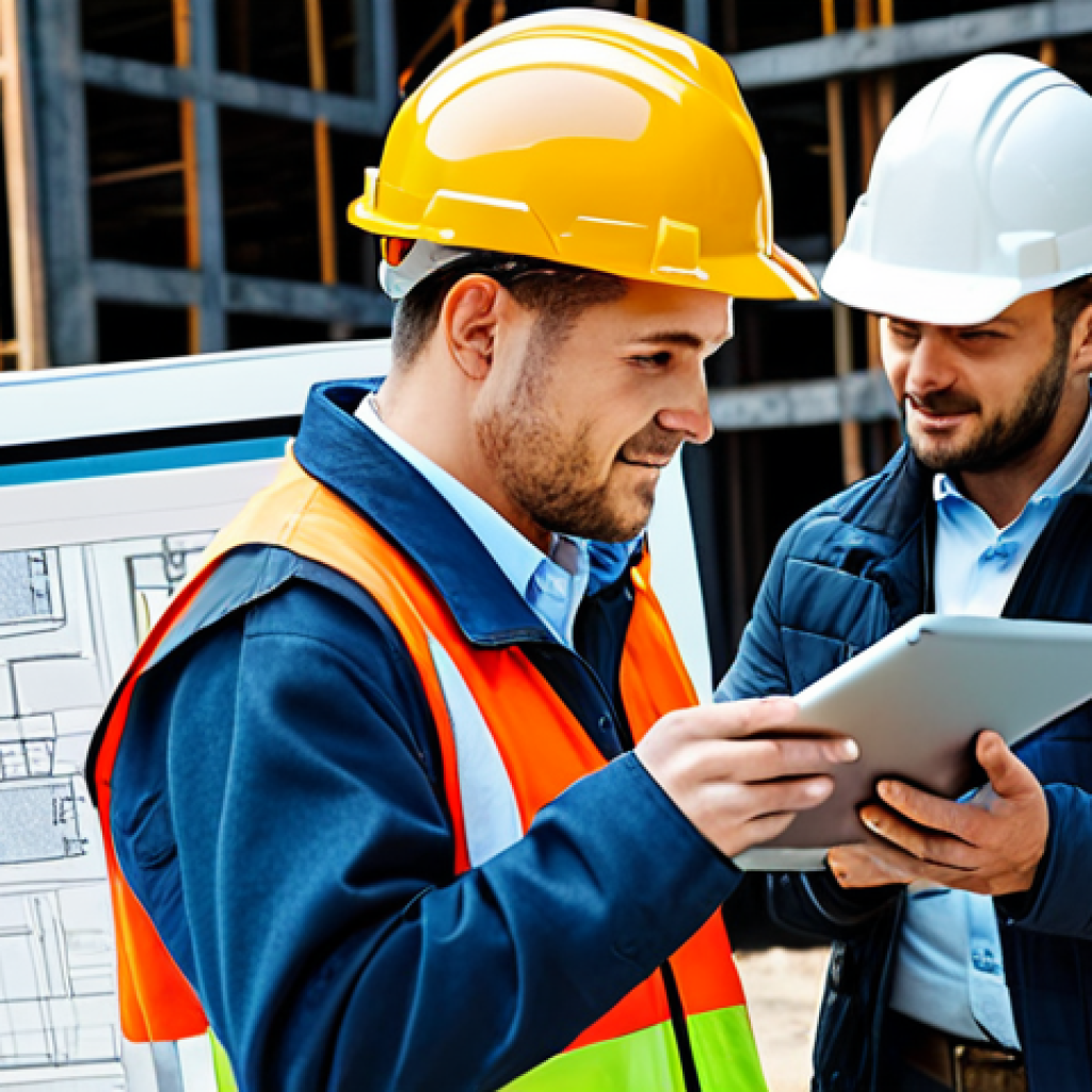 건설안전 실무를 위한 효율적인 협업 도구 - Unified Communication Platform in Use**
"Construction site, team using a tablet with a unified comm...
