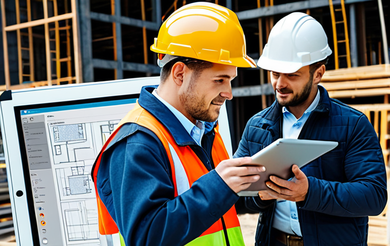 건설안전 실무를 위한 효율적인 협업 도구 - Unified Communication Platform in Use**
"Construction site, team using a tablet with a unified comm...