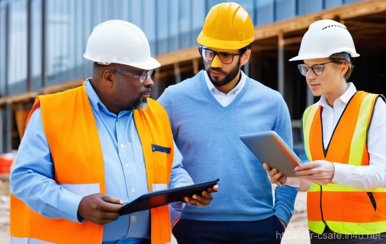 건설안전관리자의 성공적인 리더십 사례 - **Prompt: "Human-Centered Safety Dialogue on a Modern French Construction Site"**
A vibrant and ...