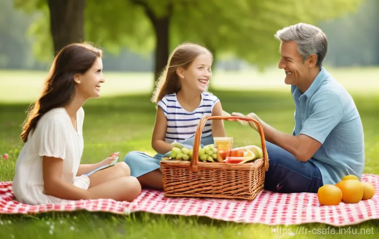 건설안전기사 수험생의 학습 플래너 작성법 - **Prompt:** A heartwarming family picnic in a lush, sun-dappled park. A mother, father, and their tw...