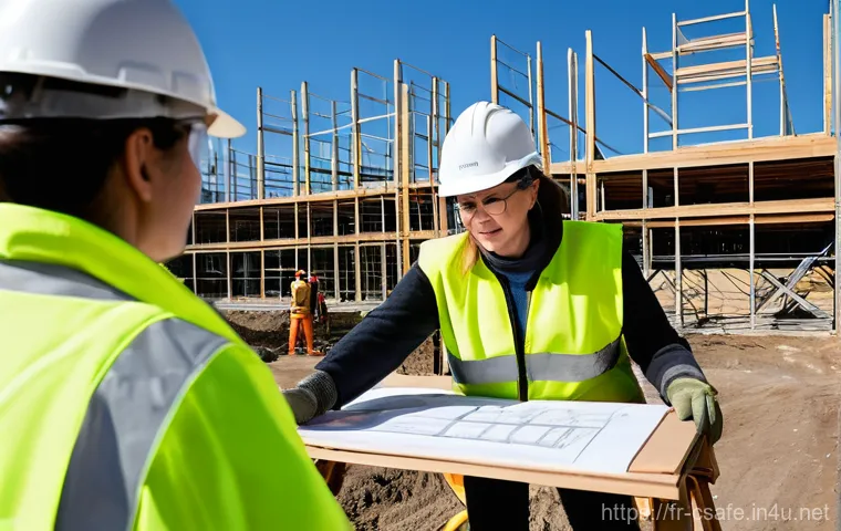건설안전관리자가 되는 경로 - **Prompt 1: Collaborative Site Safety Briefing on a French Construction Site**
    "A vibrant, dayli...