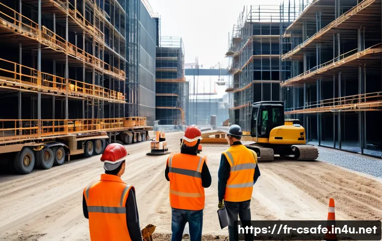 건설안전기사 과목별 공부 전략 - **Prompt:** A bustling and well-organized construction site in a French city. Diverse construction w...