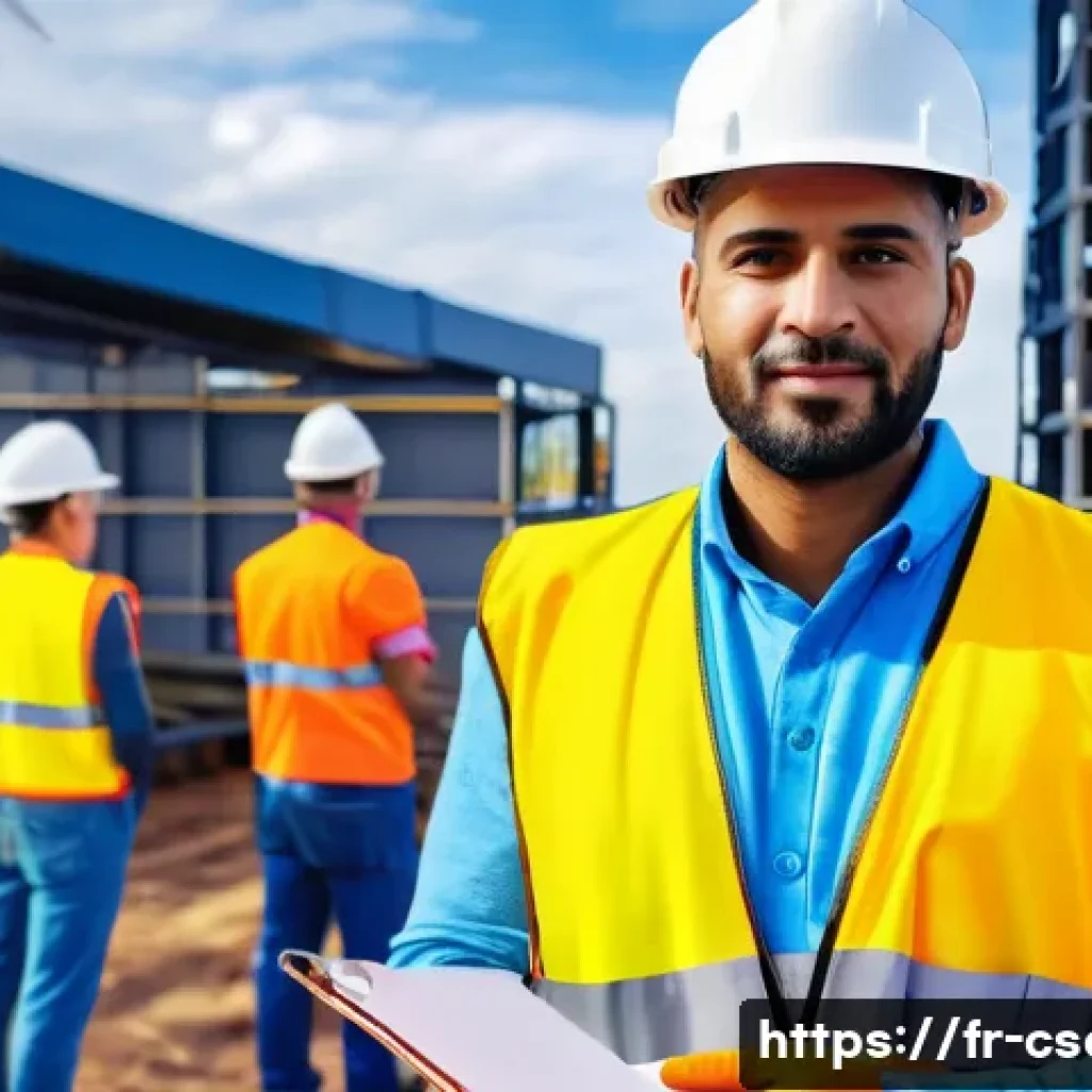 건설안전기사 자격증 취득 후 진로 - A professional construction site safety coordinator wearing a high-visibility vest, hard hat, and pr...