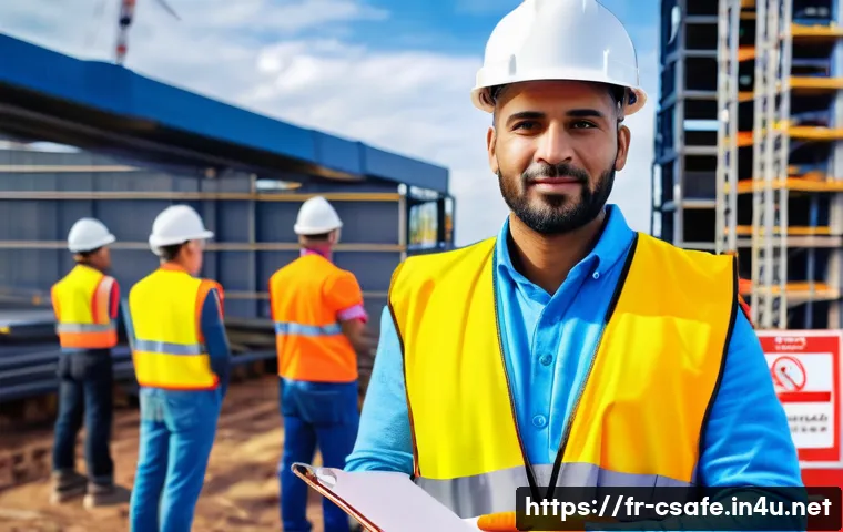 건설안전기사 자격증 취득 후 진로 - A professional construction site safety coordinator wearing a high-visibility vest, hard hat, and pr...