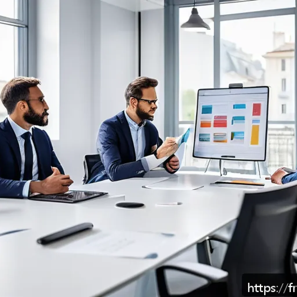 건설안전기사 자격증 취득 후 창업 사례 - A professional business meeting scene in a modern French office, featuring diverse professionals dis...