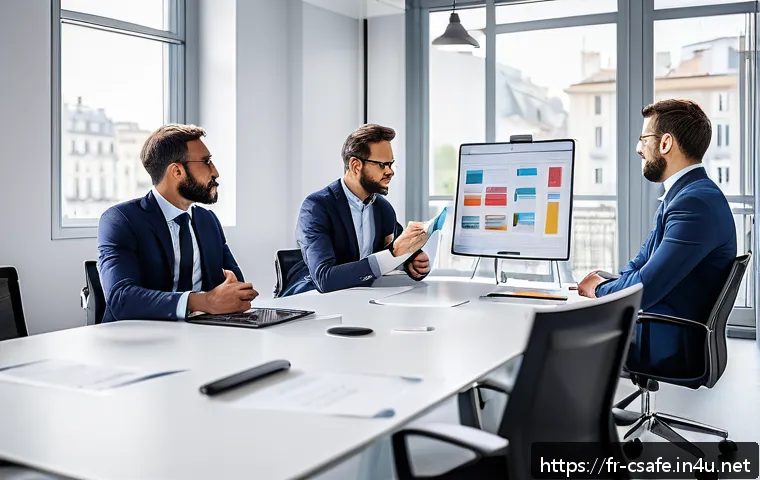 건설안전기사 자격증 취득 후 창업 사례 - A professional business meeting scene in a modern French office, featuring diverse professionals dis...