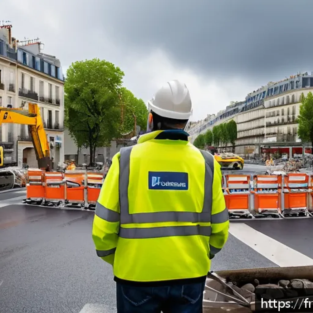 건설안전기사 실기에서 자주 나오는 문제 - A detailed construction site scene in a busy urban area in France, showing workers wearing appropria...