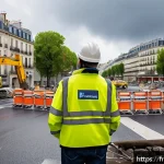 건설안전기사 실기에서 자주 나오는 문제 - A detailed construction site scene in a busy urban area in France, showing workers wearing appropria...
