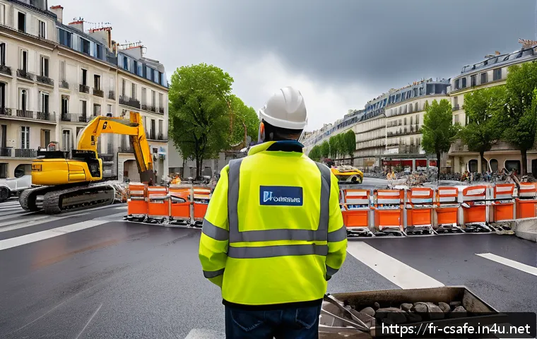 건설안전기사 실기에서 자주 나오는 문제 - A detailed construction site scene in a busy urban area in France, showing workers wearing appropria...