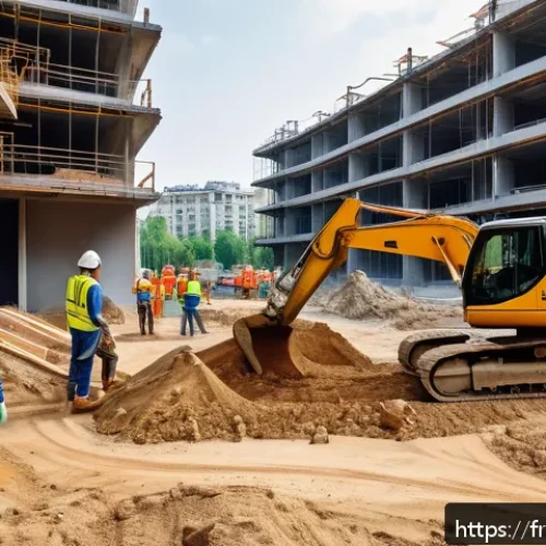 건설안전기사 실기 시험에서 합격 비법 - A detailed construction site scene during the excavation phase, featuring diverse workers wearing pr...