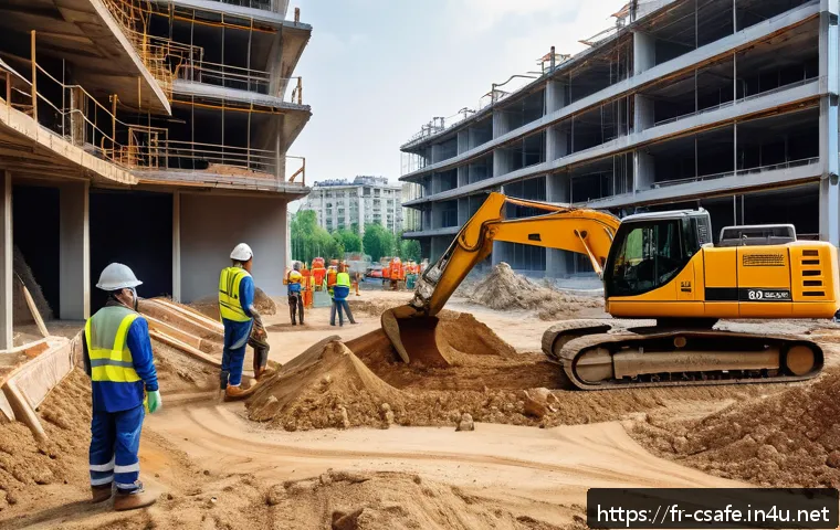 건설안전기사 실기 시험에서 합격 비법 - A detailed construction site scene during the excavation phase, featuring diverse workers wearing pr...