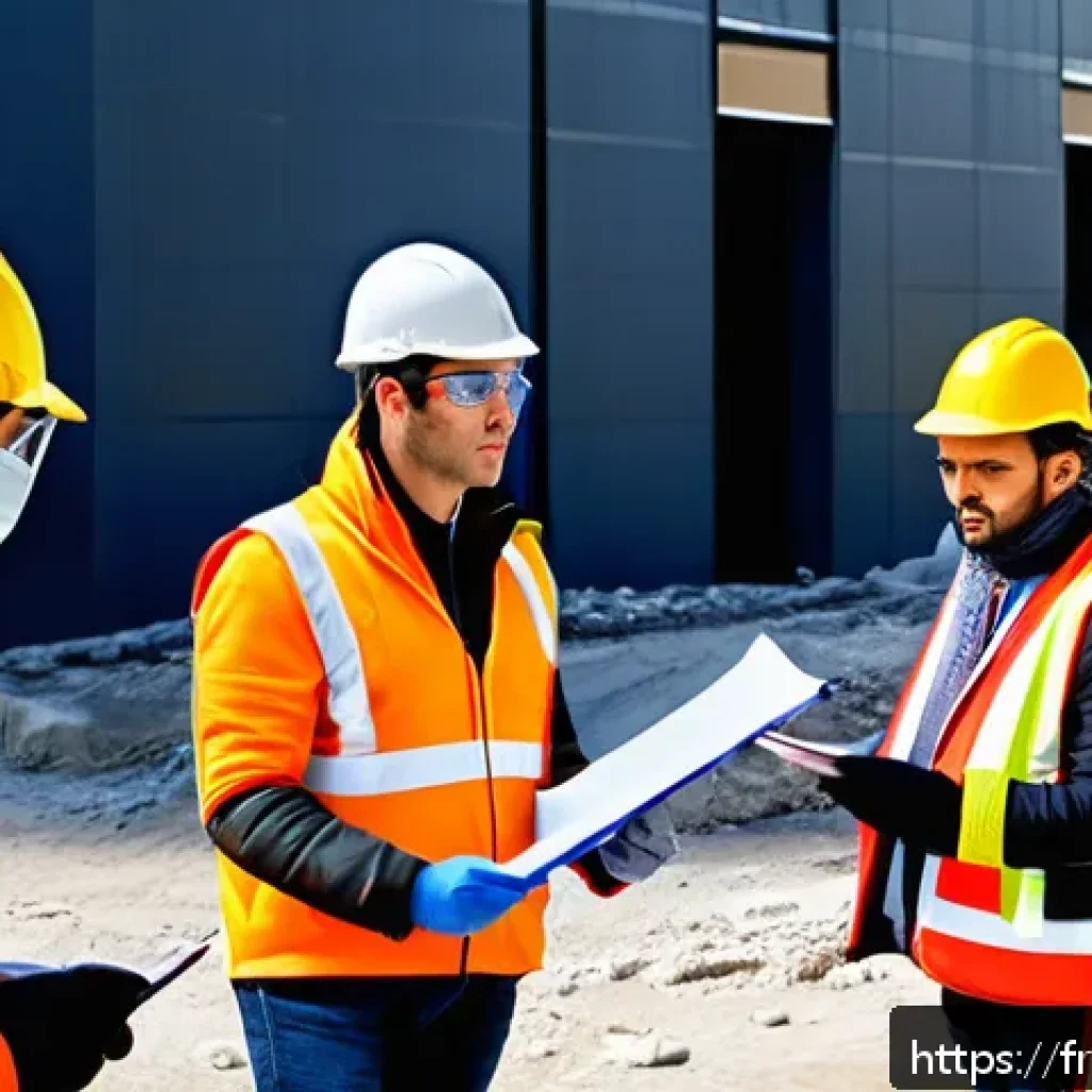 건설안전 업무 중 발생한 사고 사례 - A busy French construction site during daylight, showing diverse workers wearing ergonomic, certifie...