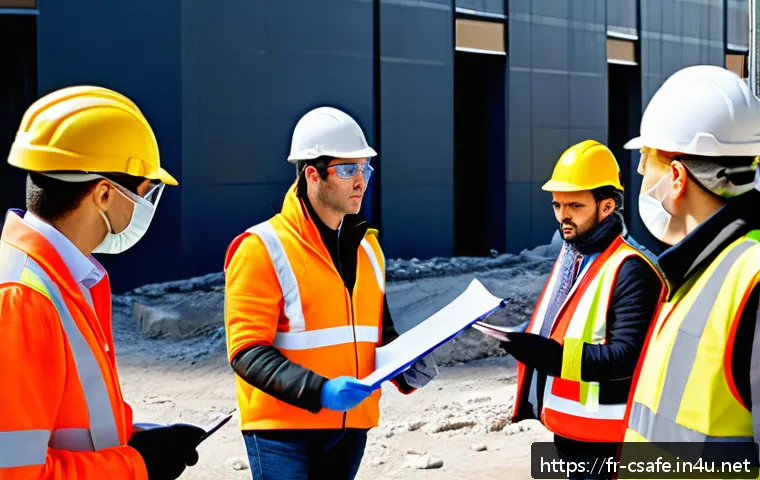 건설안전 업무 중 발생한 사고 사례 - A busy French construction site during daylight, showing diverse workers wearing ergonomic, certifie...
