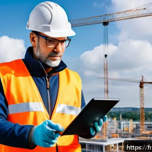 건설안전기사로 성공한 전문가 인터뷰 - A professional construction safety manager wearing appropriate protective gear including helmet, glo...