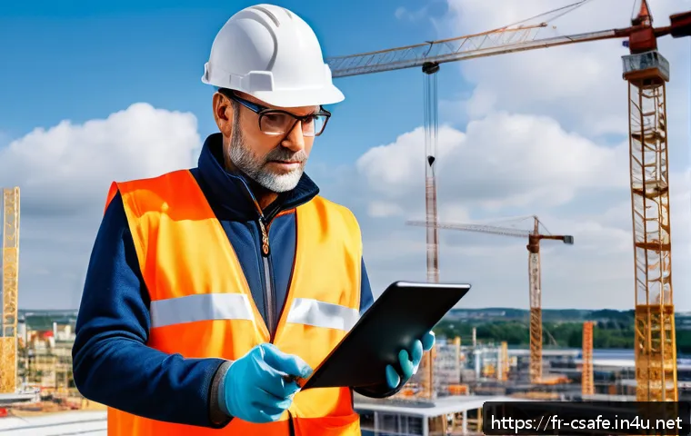 건설안전기사로 성공한 전문가 인터뷰 - A professional construction safety manager wearing appropriate protective gear including helmet, glo...
