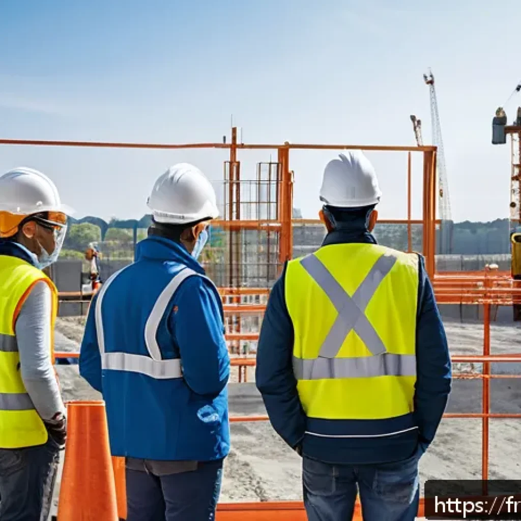 건설안전기사 실기 시험장에서의 주의점 - A construction site scene in France showing a diverse group of workers wearing full personal protect...