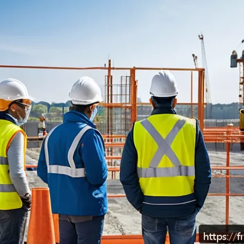 건설안전기사 실기 시험장에서의 주의점 - A construction site scene in France showing a diverse group of workers wearing full personal protect...