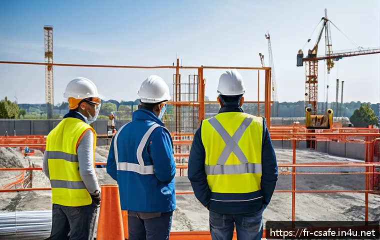 건설안전기사 실기 시험장에서의 주의점 - A construction site scene in France showing a diverse group of workers wearing full personal protect...