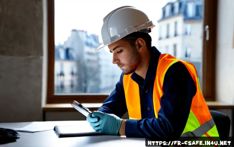 건설안전기사 시험 준비를 위한 필수 어플 - Photorealistic French construction safety certification study scene, focused adult trainee wearing a...