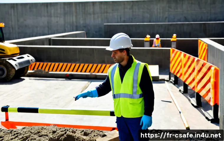건설안전기사로 건설현장 관리자가 되는 법 - Photorealistic French construction site safety manager wearing a clean hard hat, high-visibility ves...