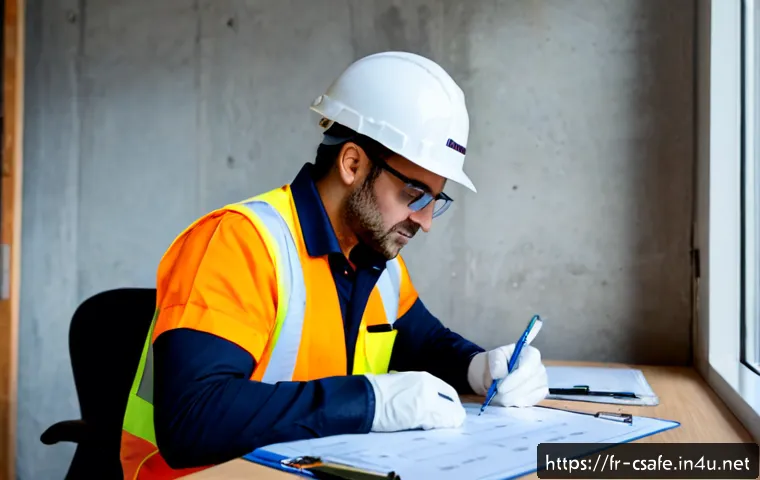 Home 15 건설안전 실무에서 사용하는 체크리스트 제작 - Photorealistic French construction safety manager wearing a hard hat, high-visibility vest, and prot...